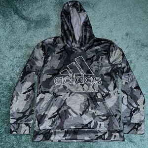 ADIDAS Gray Camo Hoodie Unisex Size Large 14-16 Embroidered Logo Pullover